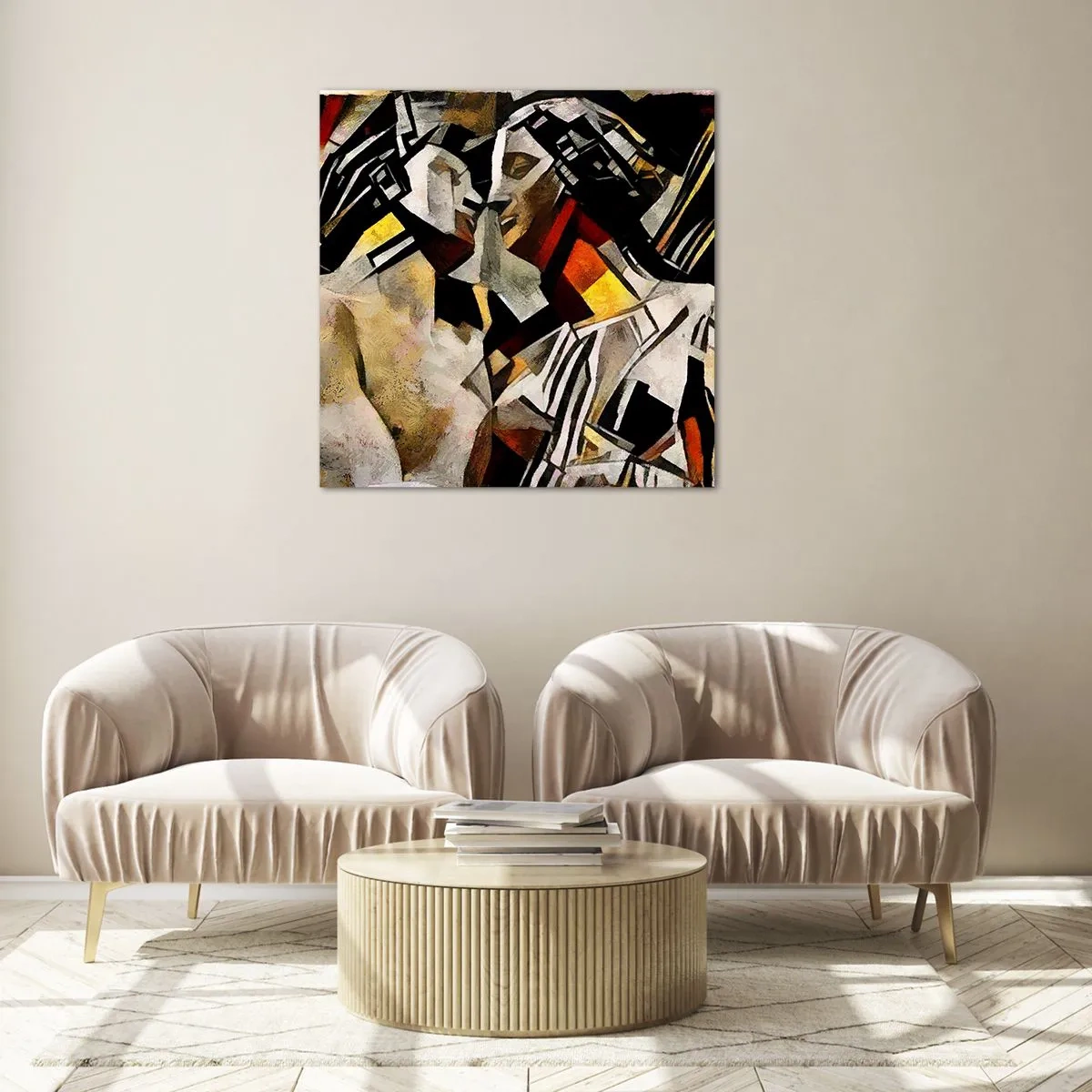 Billede på glas - Statuesk kys - 70x70 cm