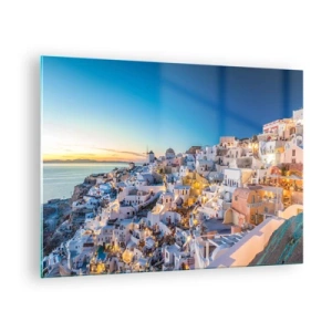 Billede på glas - Panorama over Santorini ved solnedgang - 70x50cm - Essensen af græskhed - Moderne vægdekoration til stue og soveværelse ARTTOR