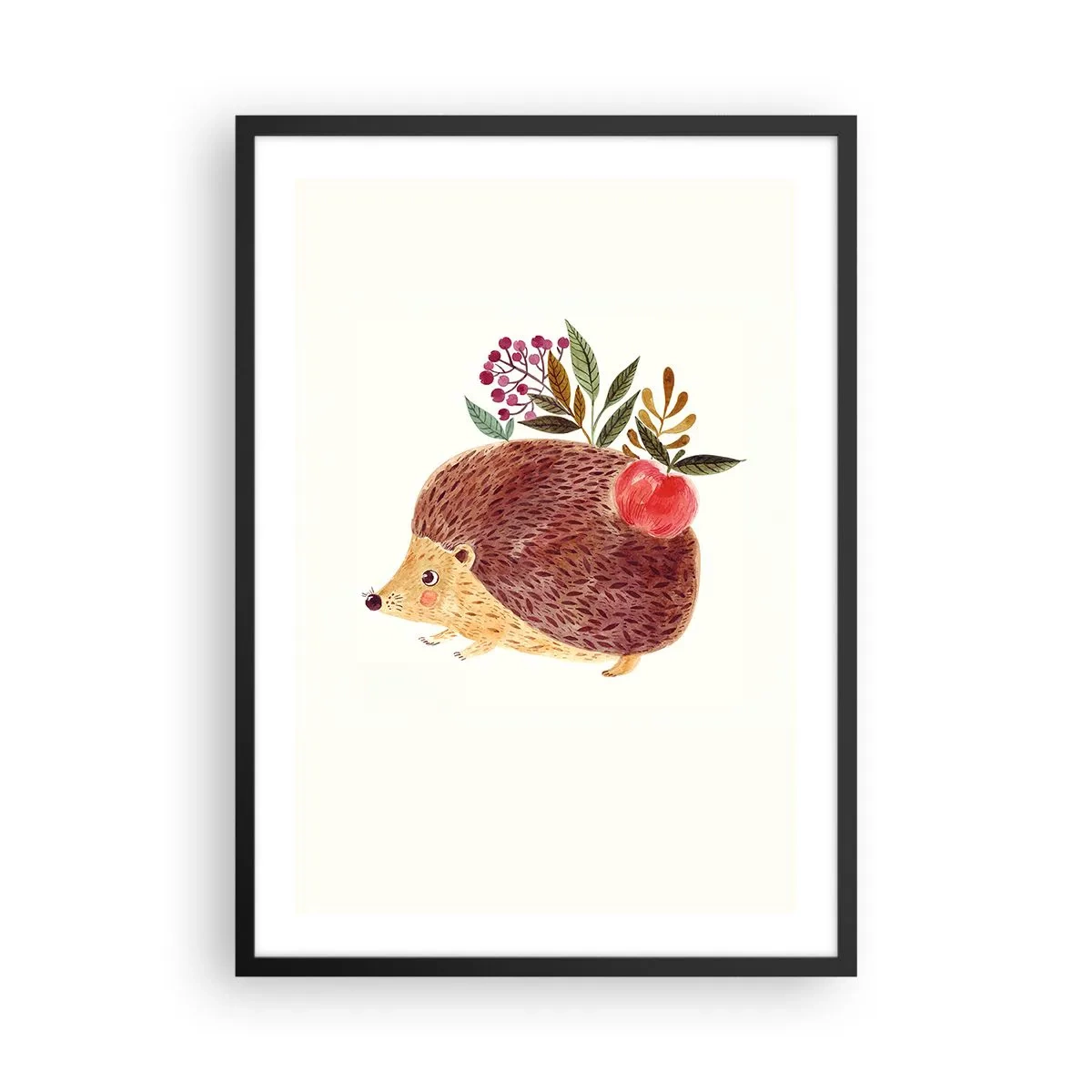 Plakat i sort ramme - Et sødt pindsvin med et æble og kviste på en lys baggrund - 50x70cm - Og du kan allerede lide mig - Moderne vægdekoration til stue og soveværelse ARTTOR