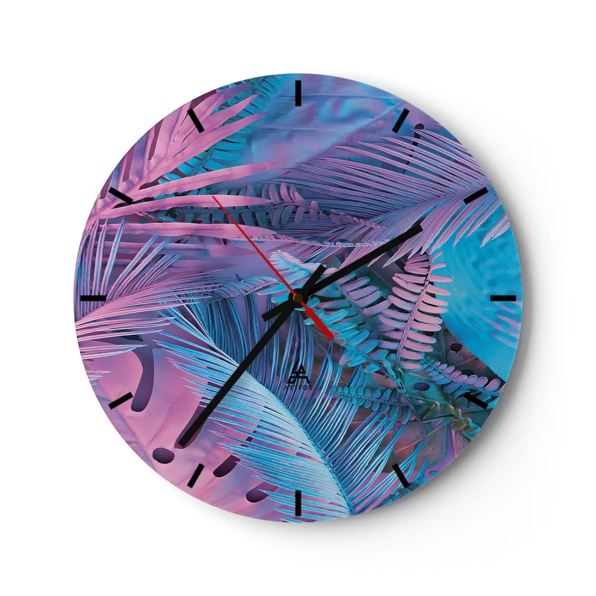 Vægur, Uret - En abstrakt komposition af palmeblade i nuancer af lyserød og blå. - 30x30cm - Troperne i lyserød og blå - Moderne vægdekoration til stue, køkken og soveværelse ARTTOR