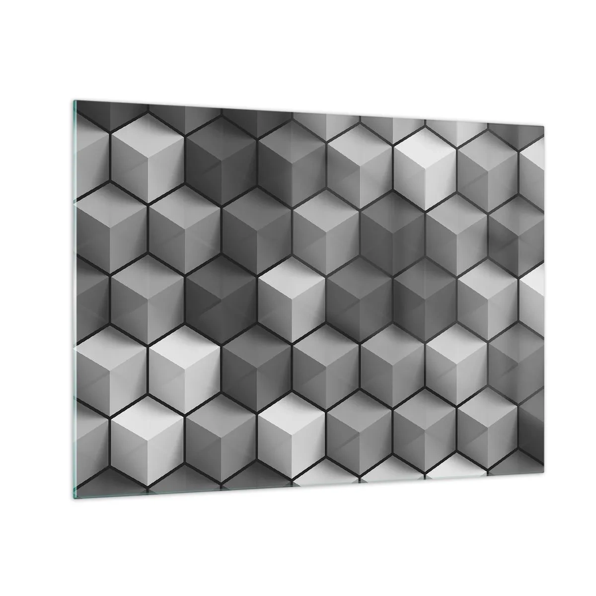 Billede på glas - Geometriske terninger i grå nuancer - 70x50cm - Kubistisk puslespil - Moderne vægdekoration til stue og soveværelse ARTTOR