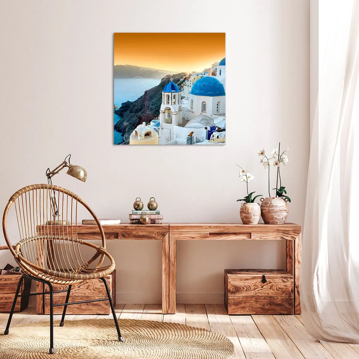 Lærredstryk - Billede på lærred - Santorini - omfavnet af klipperne - 40x40 cm