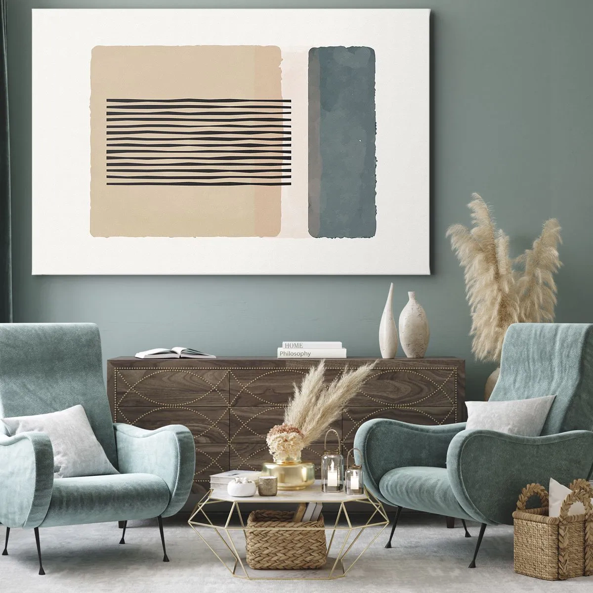 Lærredstryk - Billede på lærred - Minimalistiske geometriske former i beige og grønne nuancer - 70x50cm - Alt er i god stand - Moderne vægdekoration til stue og soveværelse ARTTOR
