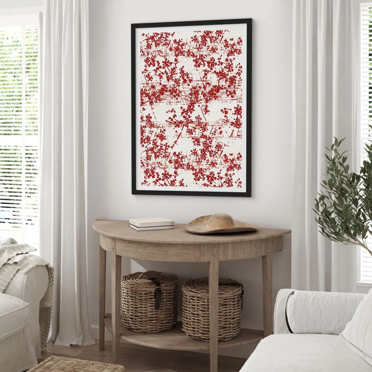 Plakat i sort ramme - Røde blomsterdetaljer på en lys baggrund - 50x70cm - Som en gammel percale - Moderne vægdekoration til stue og soveværelse ARTTOR