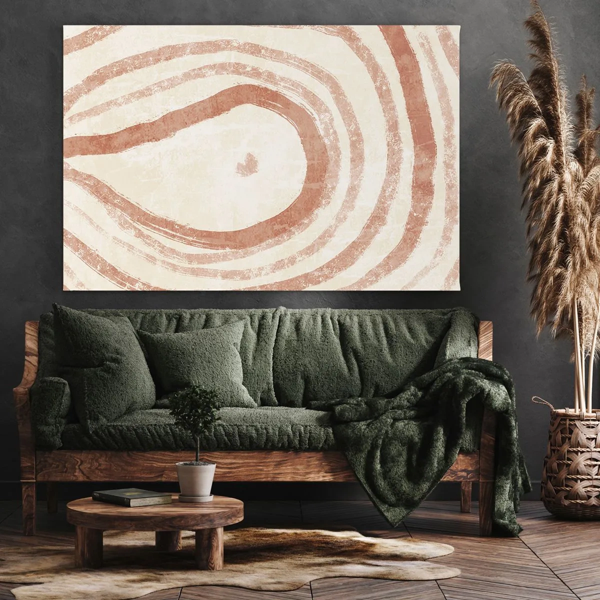 Lærredstryk - Billede på lærred - Et abstrakt motiv af koncentriske linjer i terrakottafarver. - 70x50cm - Koralcirkler - komposition - Moderne vægdekoration til stue og soveværelse ARTTOR