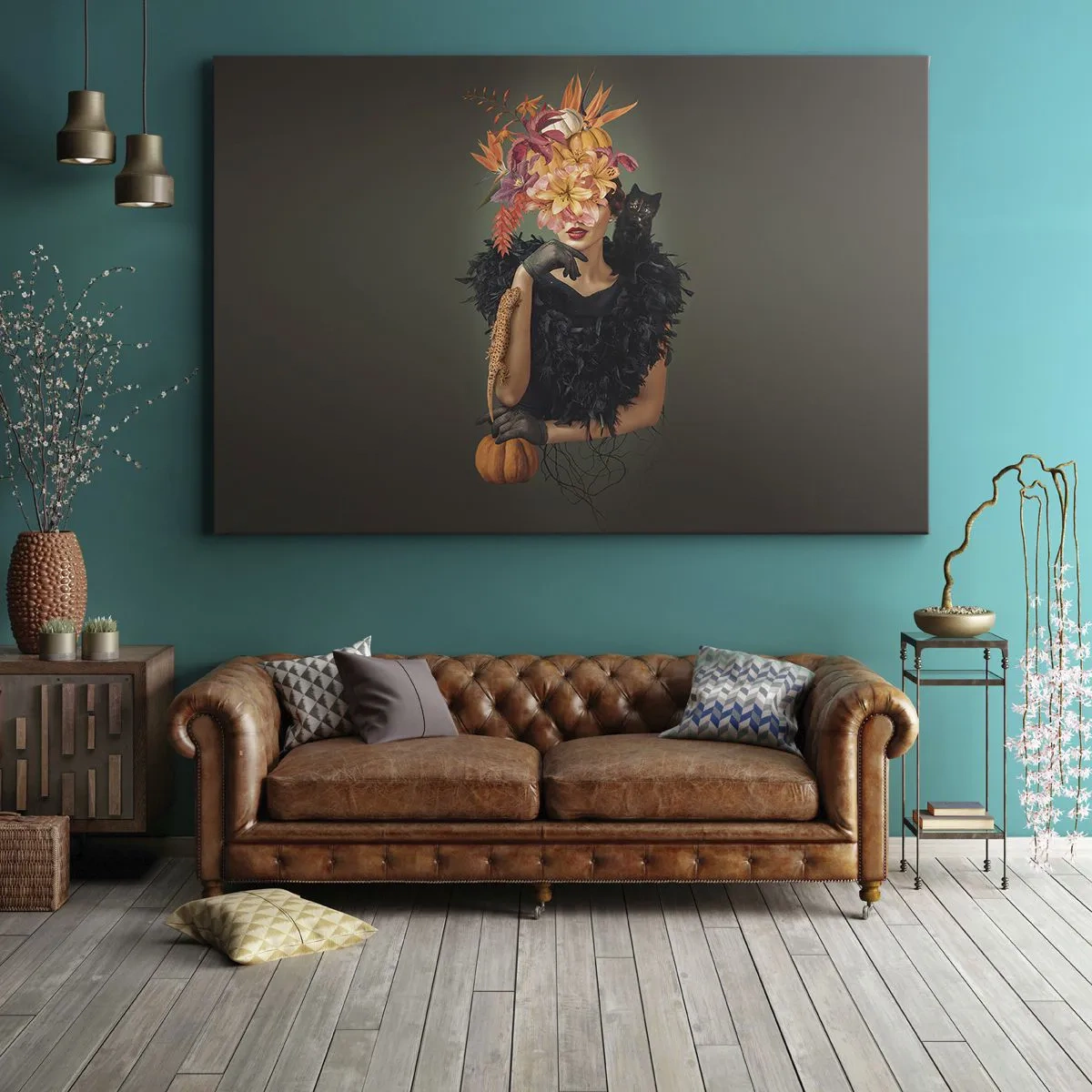 Lærredstryk - Billede på lærred - Portræt af en kvinde med efterårsmotiver og en kat - 70x50cm - Heksens fortryllelse - Moderne vægdekoration til stue og soveværelse ARTTOR