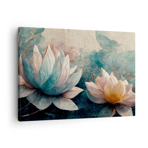 Lærredstryk - Billede på lærred - Diskrete åkander i pastelfarver af blå og guld - 70x50cm - Søens stjerner - Moderne vægdekoration til stue og soveværelse ARTTOR