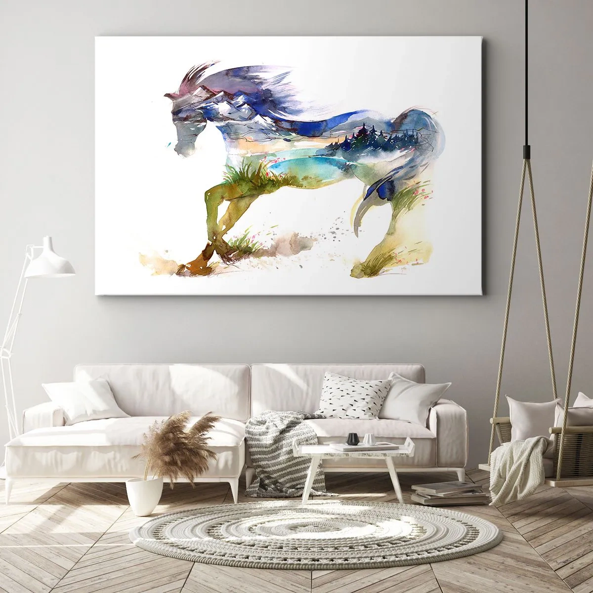 Lærredstryk - Billede på lærred - Akvarel af en hest med et bjerglandskab i silhuet - 70x50cm - Fra engen lige op til himlen - Moderne vægdekoration til stue og soveværelse ARTTOR