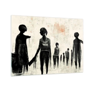 Billede på glas - Sorte figurer i bevægelse på en lys baggrund med en rød tekstur - 70x50cm - Mod ensomhed - Moderne vægdekoration til stue og soveværelse ARTTOR