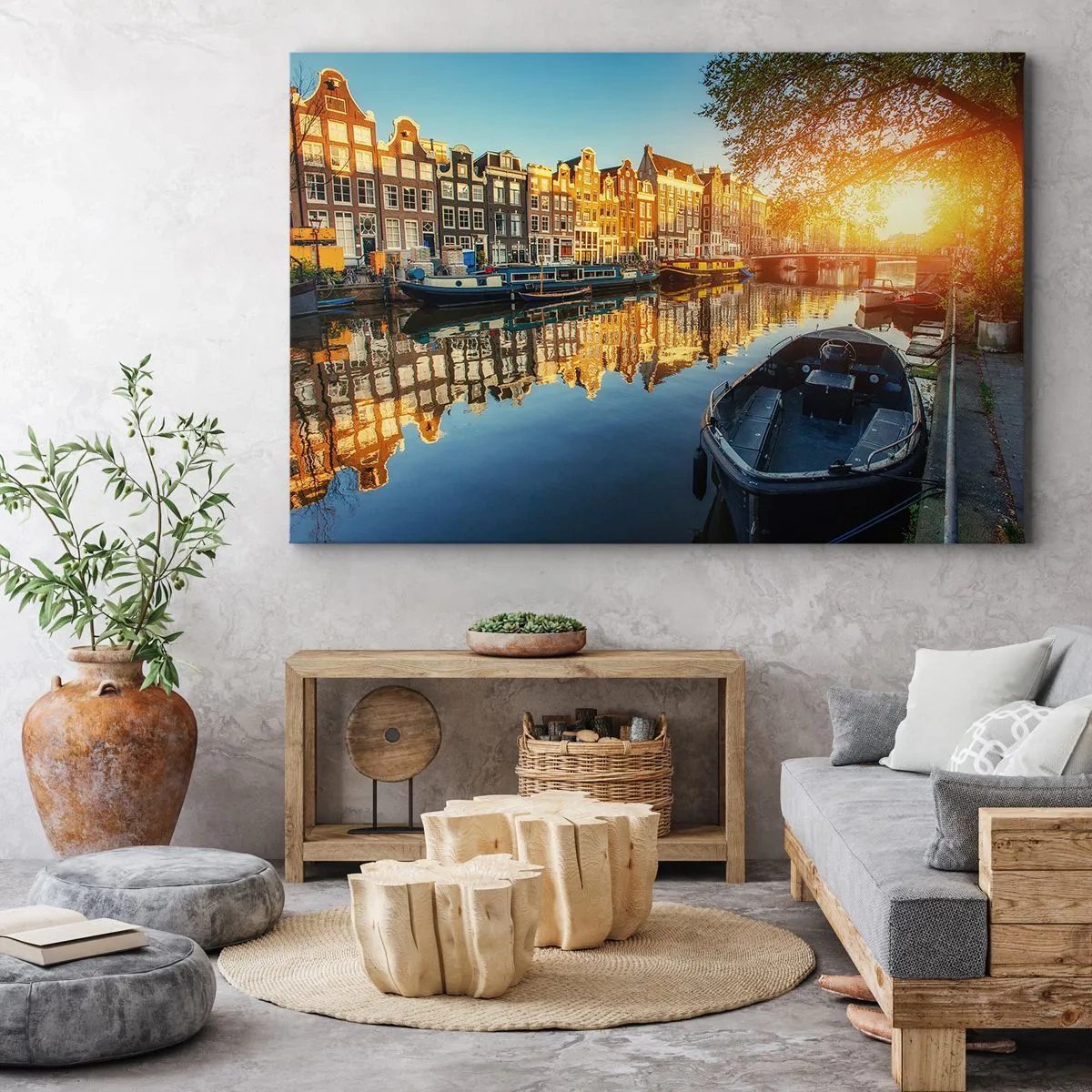 Lærredstryk - Billede på lærred - Amsterdam-kanalen ved solnedgang - 70x50cm - Morgen i Amsterdam - Moderne vægdekoration til stue og soveværelse ARTTOR