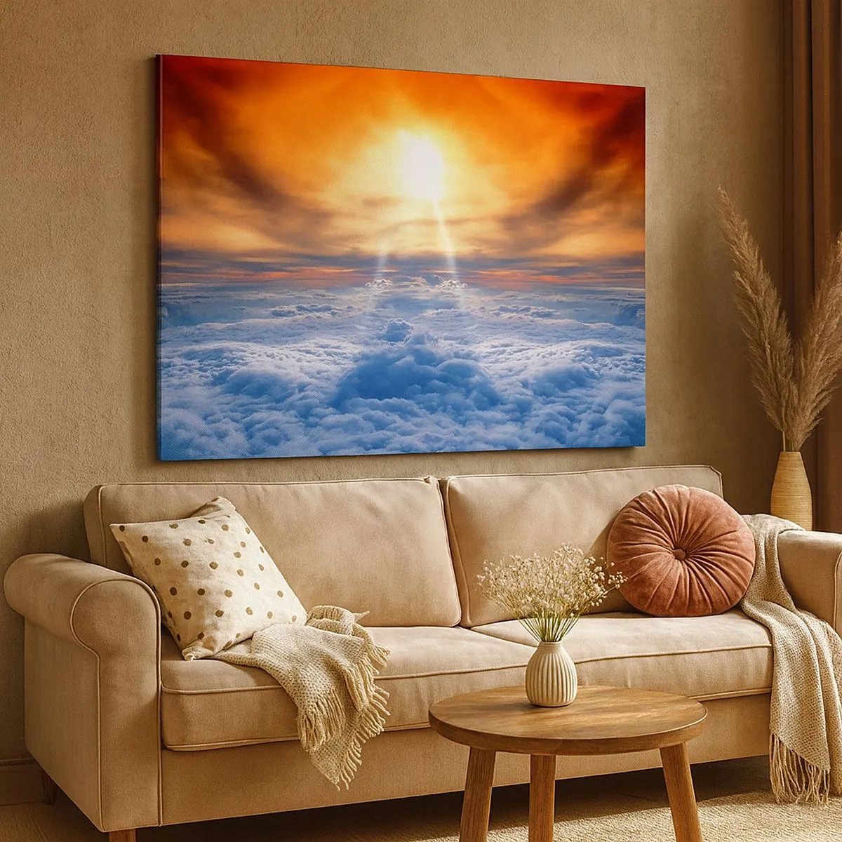 Lærredstryk - Billede på lærred - Solnedgang over skyerne, himlen fuld af gyldne farver og lys. - 70x50cm - Mystisk landskab - Moderne vægdekoration til stue og soveværelse ARTTOR