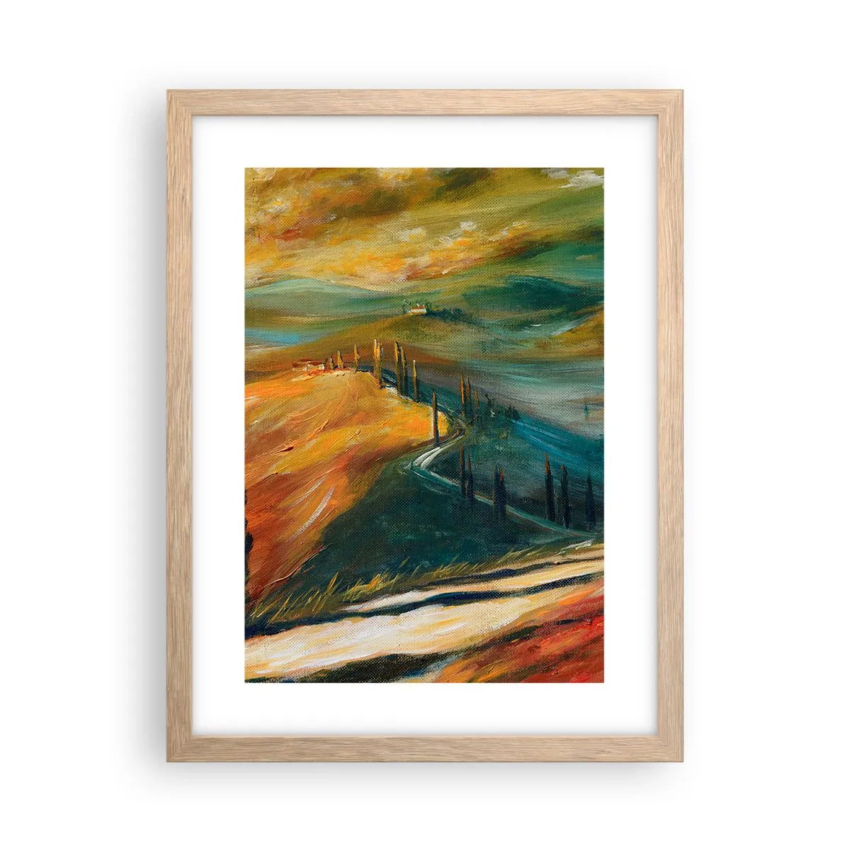 Plakat i ramme af lyst egetræ - Toscansk landskab - 30x40 cm