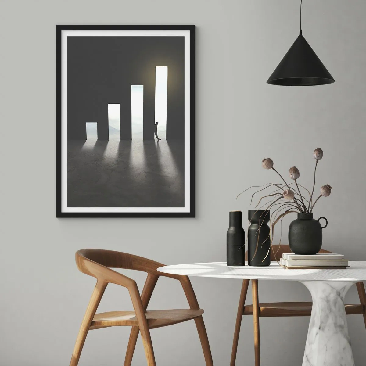 Plakat i sort ramme - En symbolsk dør formet som en graf med en figur - 50x70cm - Succes - et indtryk - Moderne vægdekoration til stue og soveværelse ARTTOR