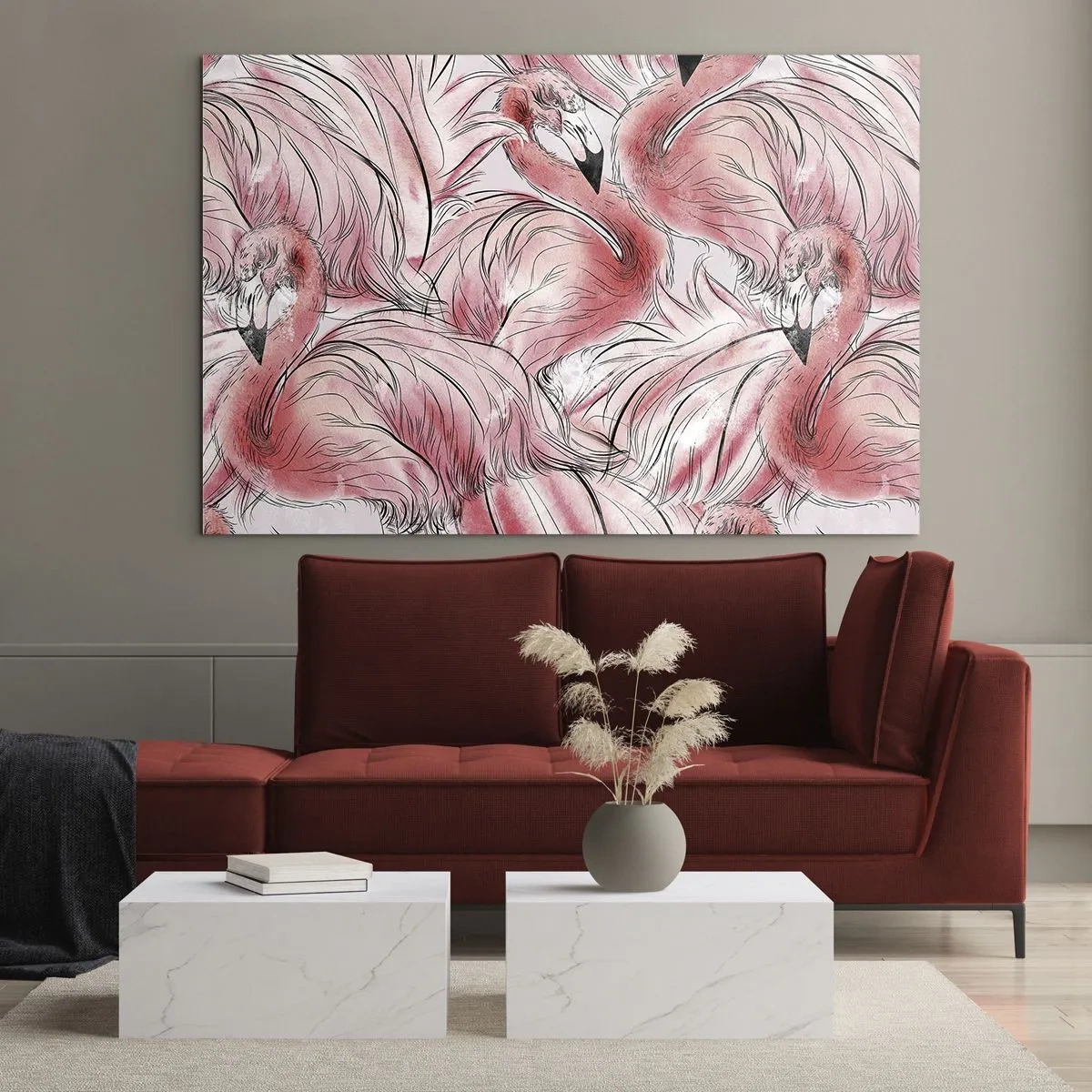 Billede på glas - Lyserøde flamingoer i dekorativ tegneseriestil - 70x50cm - Fugle corps de ballet - Moderne vægdekoration til stue og soveværelse ARTTOR