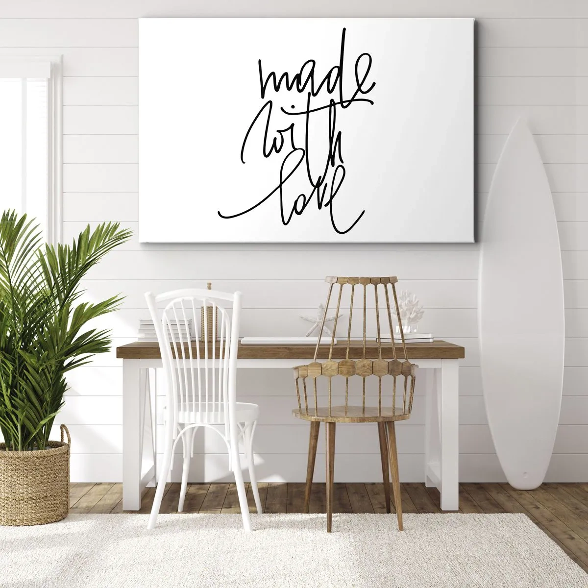 Lærredstryk - Billede på lærred - Sort indskrift "Made with love" på hvid baggrund - 70x50cm - Det bedste mærke - Moderne vægdekoration til stue og soveværelse ARTTOR