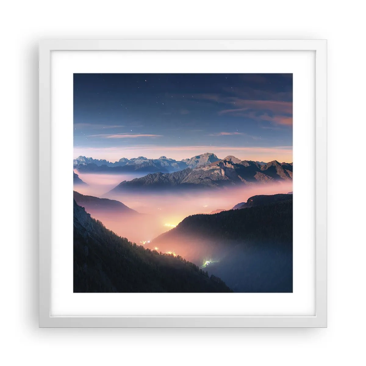 Plakat i hvid ramme - Lys i dalene - 40x40 cm