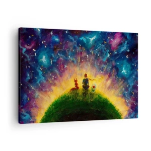 Lærredstryk - Billede på lærred - Figurer på en grøn bakke omgivet af en stjernehimmel - 70x50cm - Kærlighed og venskab - hele verden - Moderne vægdekoration til stue og soveværelse ARTTOR