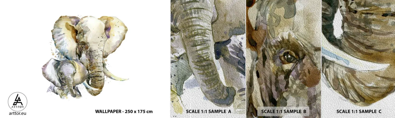 Prøve Fototapet Premium Sand - Der er intet sted som hos mor - Dyr, Elefant, Grafik - 100x30 cm