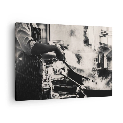 Lærredstryk - Billede på lærred - En kok på arbejde i køkkenet med damp, der stiger op fra en stegepande - 70x50cm - Smagernes alkymi - Moderne vægdekoration til stue og soveværelse ARTTOR
