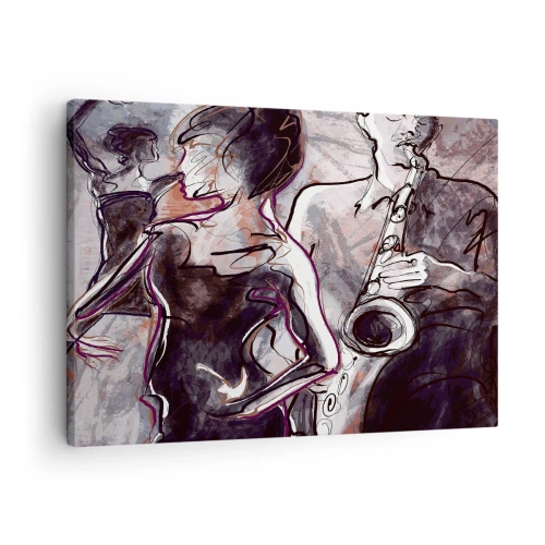 Lærredstryk - Billede på lærred - Abstrakt jazzscene med en saxofonist og en dansende kvinde. - 70x50cm - Opløses i musikken - Moderne vægdekoration til stue og soveværelse ARTTOR