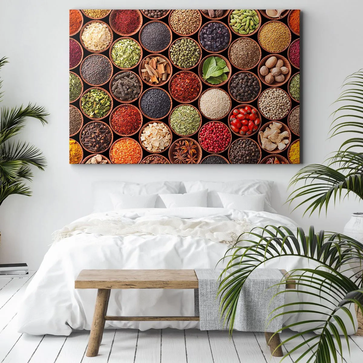 Lærredstryk - Billede på lærred - Farverige krydderier i runde beholdere - 70x50cm - Alle verdens smage - Moderne vægdekoration til stue og soveværelse ARTTOR