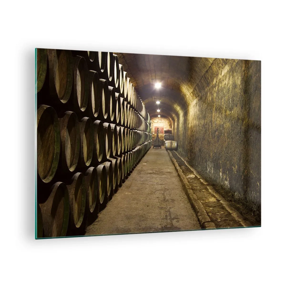 Billede på glas - Vinkælder med rækker af tønder - 70x50cm - Det er godt at ligge ned - Moderne vægdekoration til stue og soveværelse ARTTOR