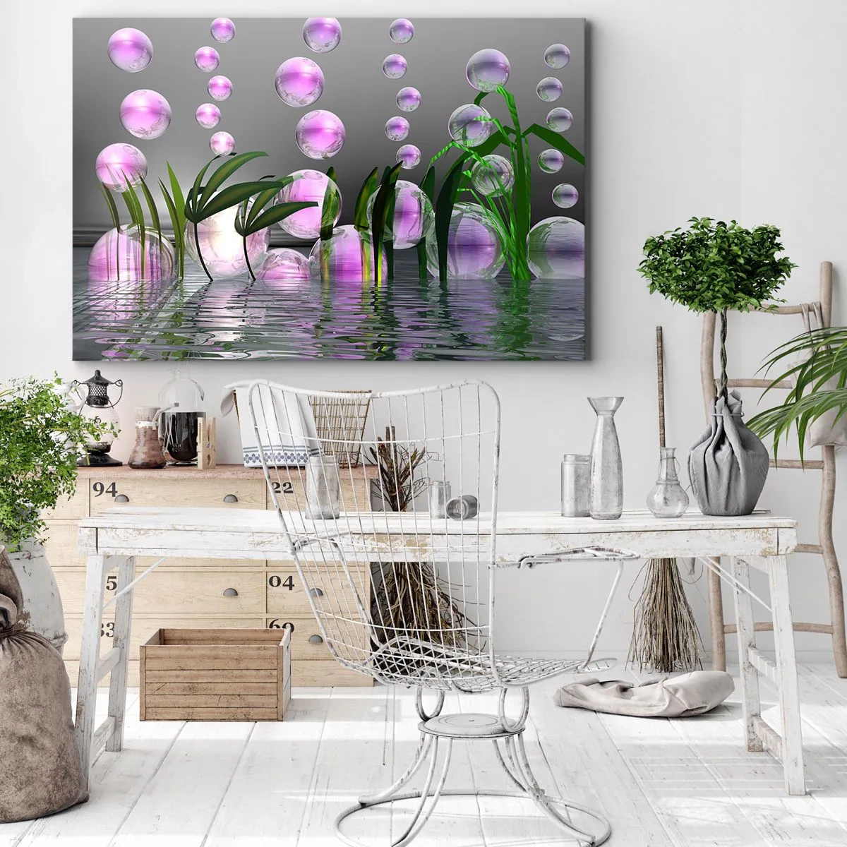 Lærredstryk - Billede på lærred - Grønne blade og lyserøde bobler over vandet på en grå baggrund - 70x50cm - En reflekterende komposition af lethed og liv - Moderne vægdekoration til stue og soveværelse ARTTOR