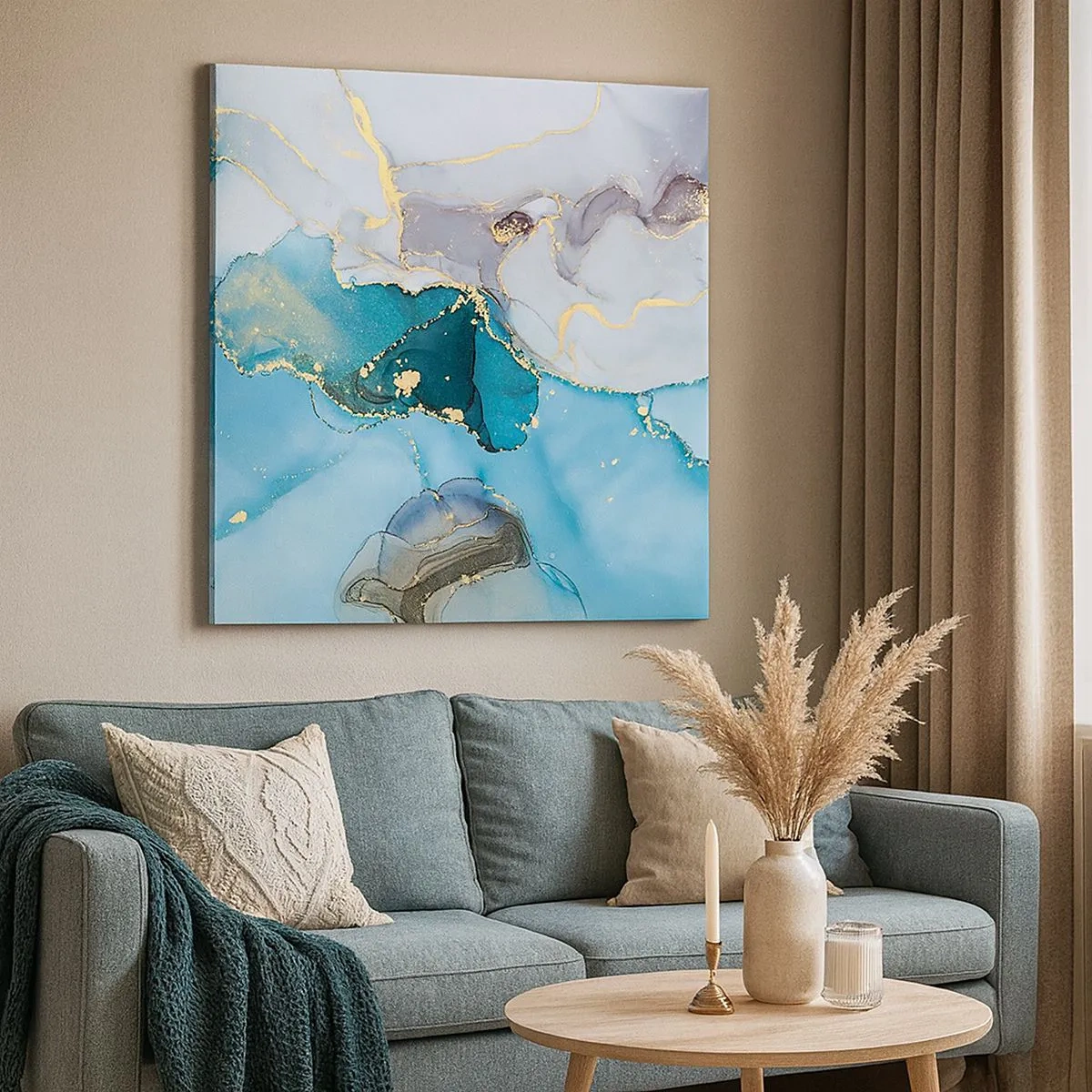 Lærredstryk - Billede på lærred - En undersøgelse af mødet mellem grå og turkis - 30x30 cm