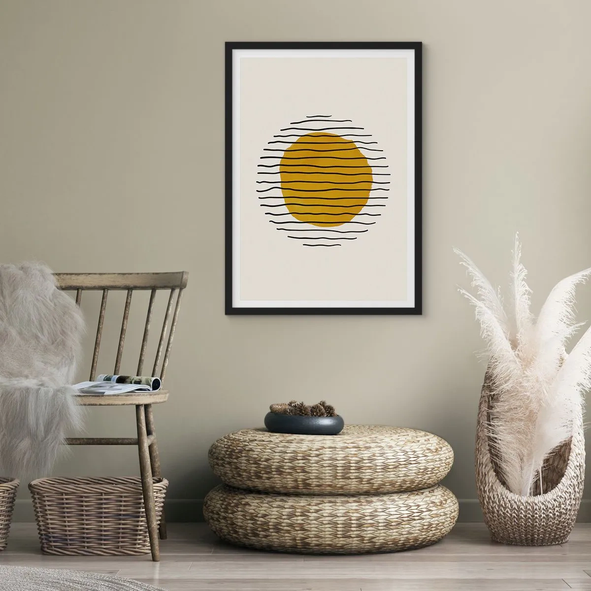 Plakat i sort ramme - Minimalistisk grafik med en gul cirkel og sorte linjer - 50x70cm - Abstraktion, der skælver af varme - Moderne vægdekoration til stue og soveværelse ARTTOR