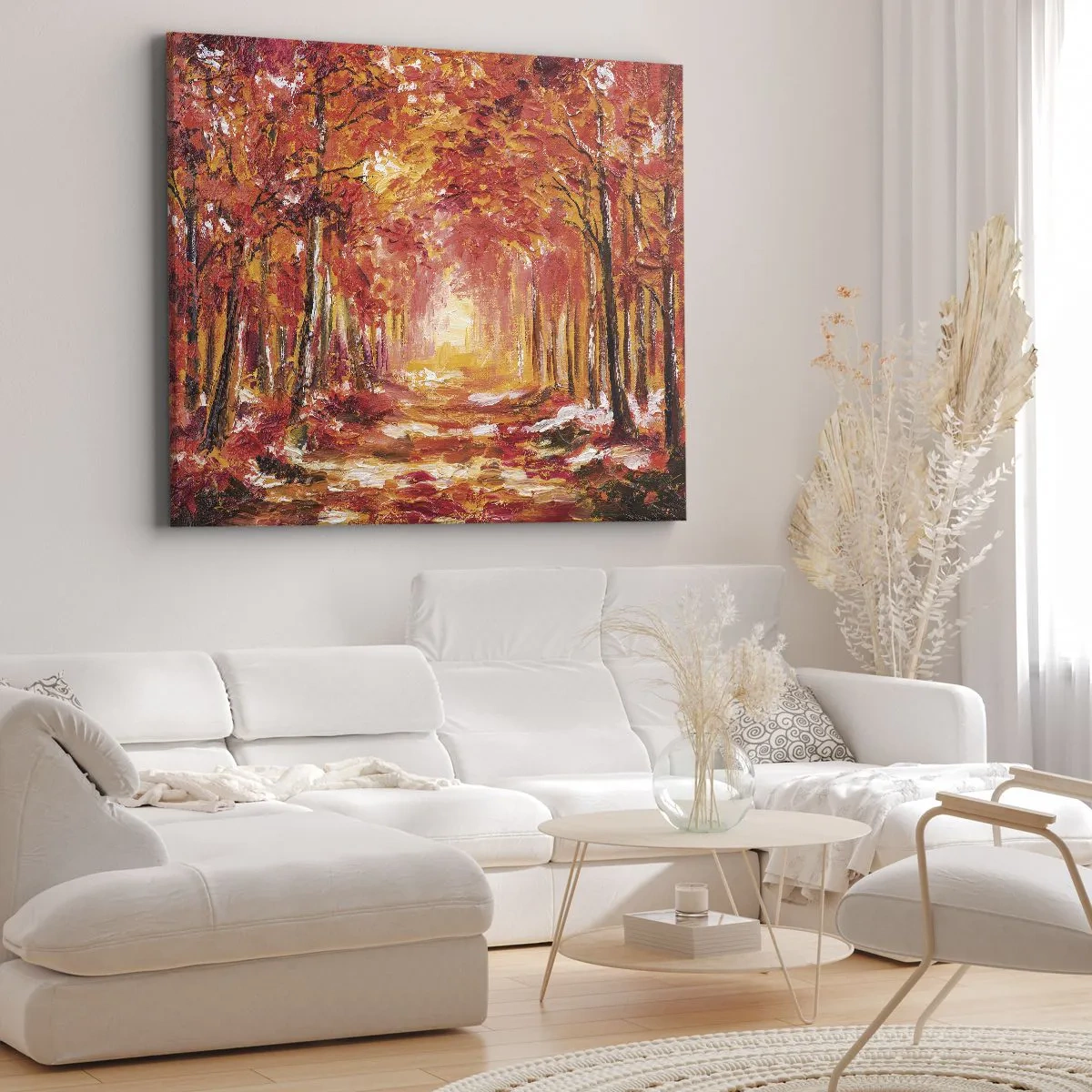 Lærredstryk - Billede på lærred - Efterårsskov i nuancer af kobber og guld - 70x50cm - Kobberskov - Moderne vægdekoration til stue og soveværelse ARTTOR