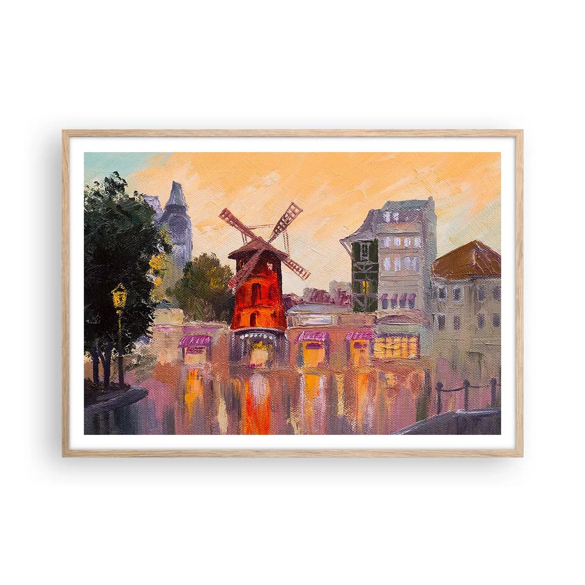 Plakat i ramme af lyst egetræ - Parisiske ikoner - Moulin Rouge - 100x70 cm