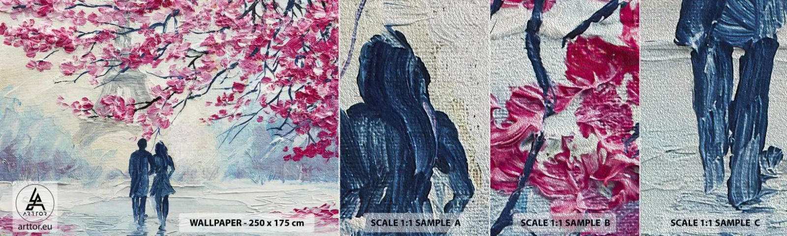 Prøve Fototapet Premium Sand - Romantisk gåtur - Paris, Eiffeltårnet, Forelsket par - 100x30 cm