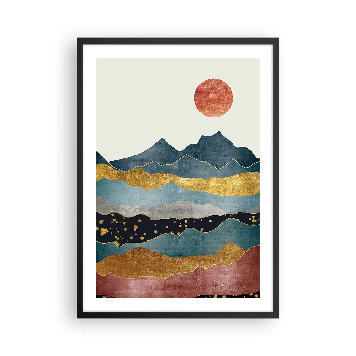 Plakat i sort ramme - Abstrakte bjerge i nuancer af guld, blå og rød - 50x70cm - Et tværsnit af verden - Moderne vægdekoration til stue og soveværelse ARTTOR