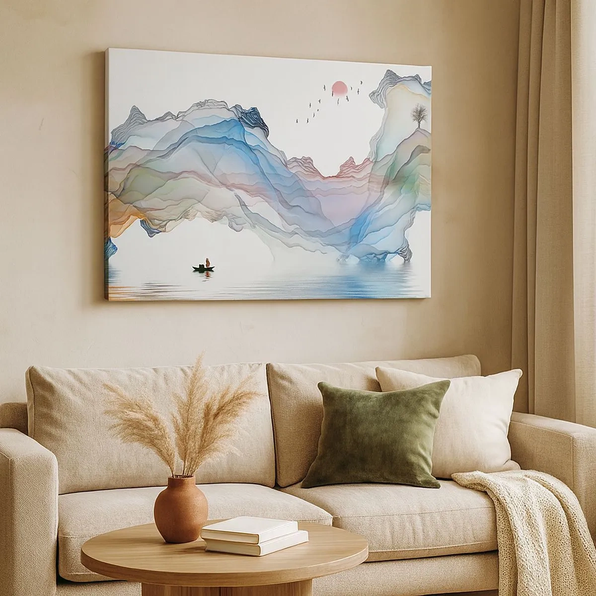 Lærredstryk - Billede på lærred - Et diskret landskab med bjerge, vand og en båd - 70x50cm - Mod krystalbjergene - Moderne vægdekoration til stue og soveværelse ARTTOR