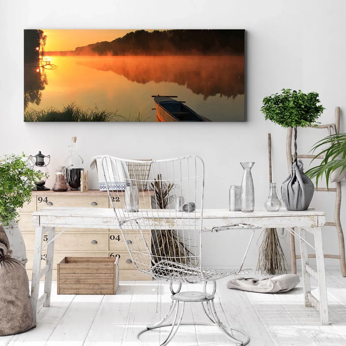 Lærredstryk - Billede på lærred - Solopgang over vand som en spejlplade - 140x50 cm