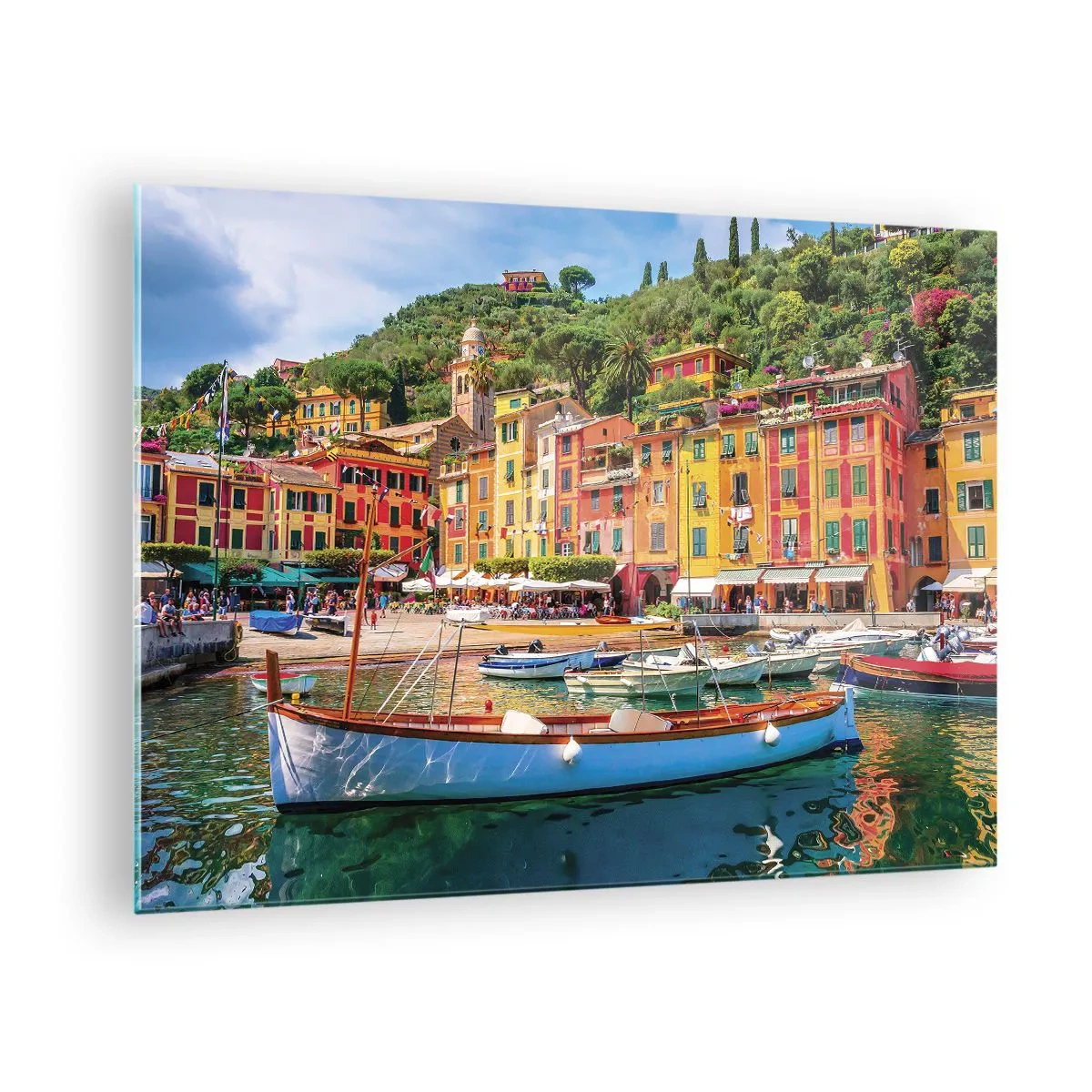 Billede på glas - Farverige bygninger ved havnen i en malerisk by - 70x50cm - En italiensk morgen - Moderne vægdekoration til stue og soveværelse ARTTOR