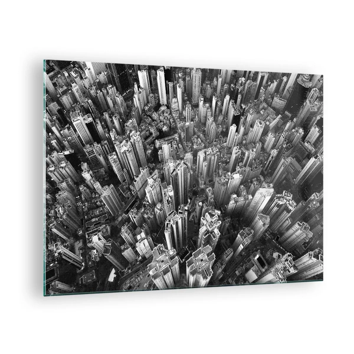 Billede på glas - Sort-hvid fugleperspektiv over byen - 70x50cm - Stadig højere og højere - Moderne vægdekoration til stue og soveværelse ARTTOR
