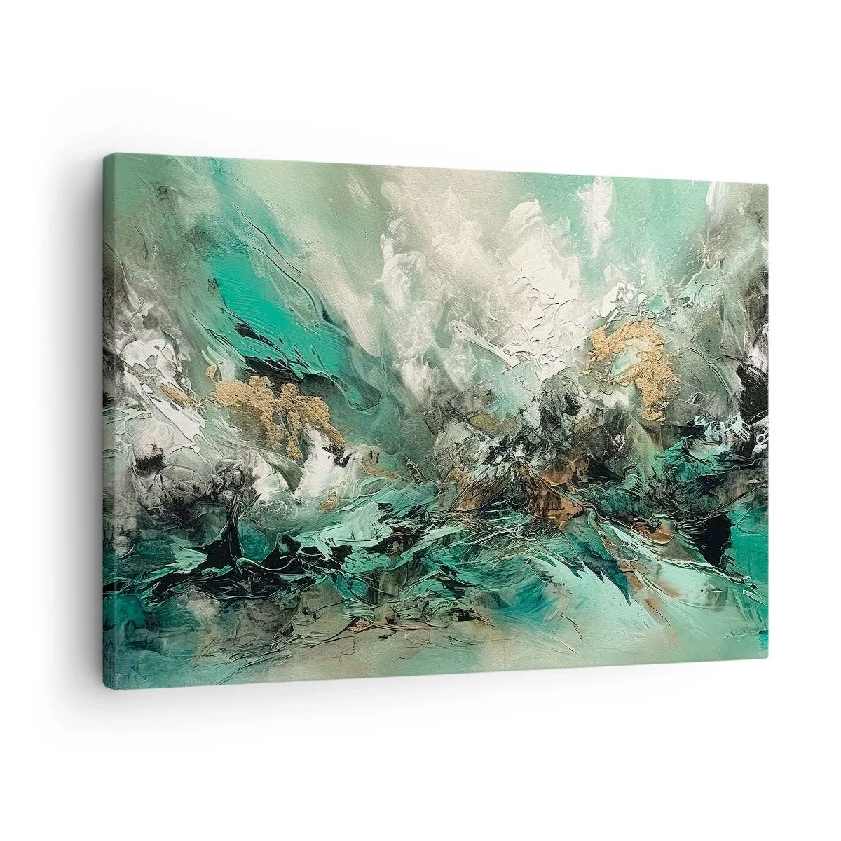 Lærredstryk - Billede på lærred - Abstrakt landskab i nuancer af grønt og guld - 70x50cm - Smaragdsort byld - Moderne vægdekoration til stue og soveværelse ARTTOR