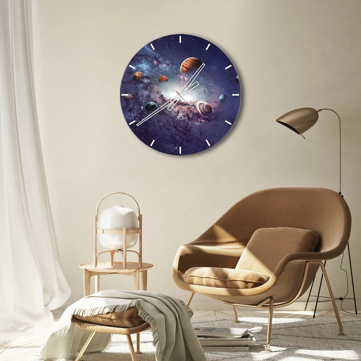 Vægur, Uret - Farverige planeter svæver i en kosmisk tåge - 30x30cm - Systemet med soldans - Moderne vægdekoration til stue, køkken og soveværelse ARTTOR