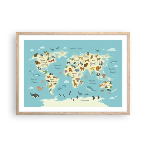 Plakat i ramme af lyst egetræ - Gode naboer - 70x50 cm