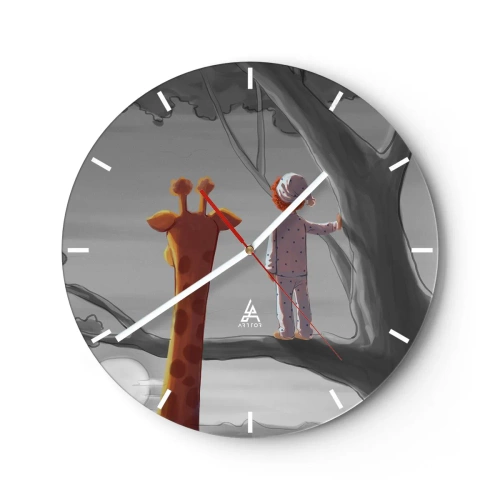 Vægur, Uret - Et barn i pyjamas og en giraf står sammen på en trægren. - 30x30cm - Det sker virkelig - Moderne vægdekoration til stue, køkken og soveværelse ARTTOR