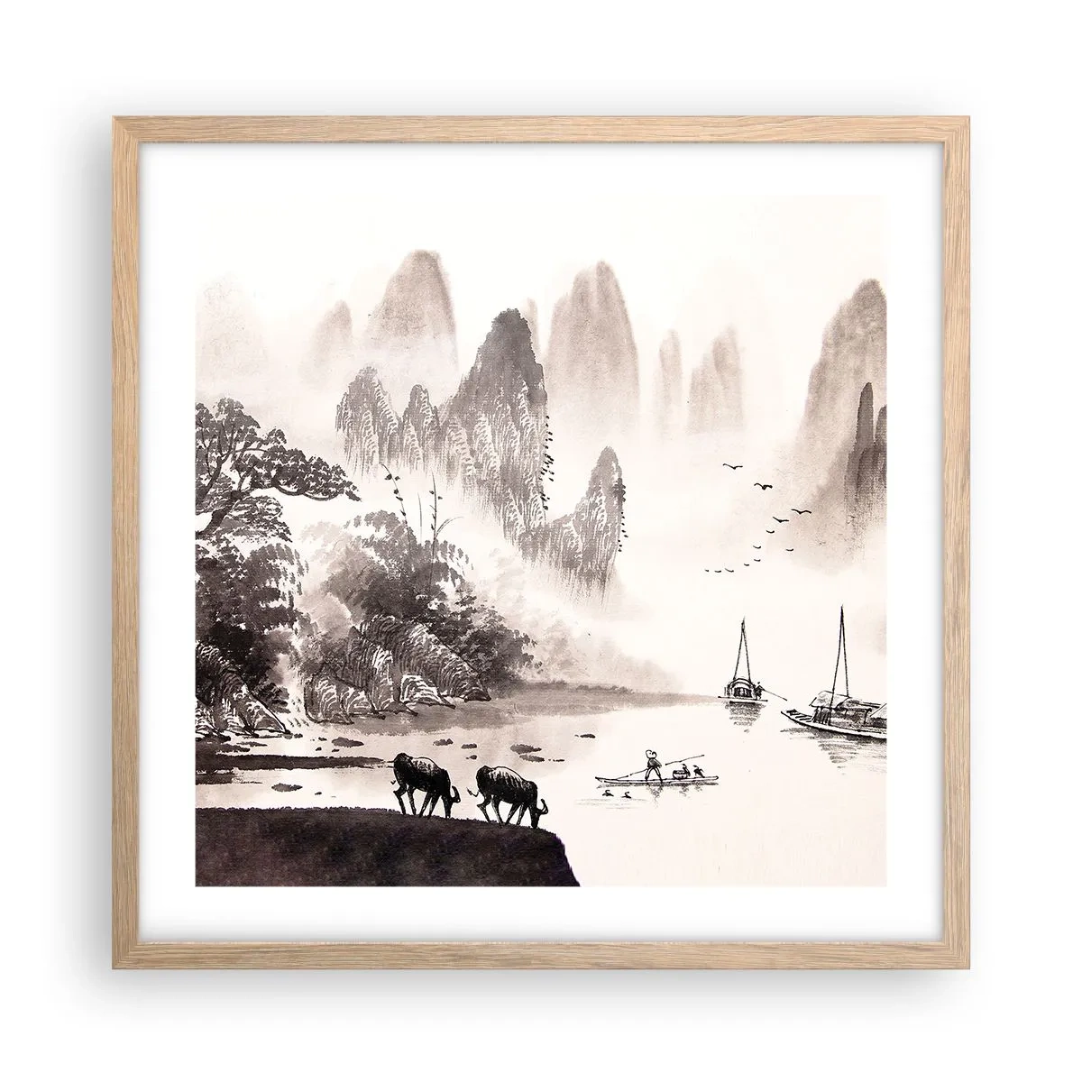 Plakat i ramme af lyst egetræ - Østens eksotiske hverdag - 50x50 cm