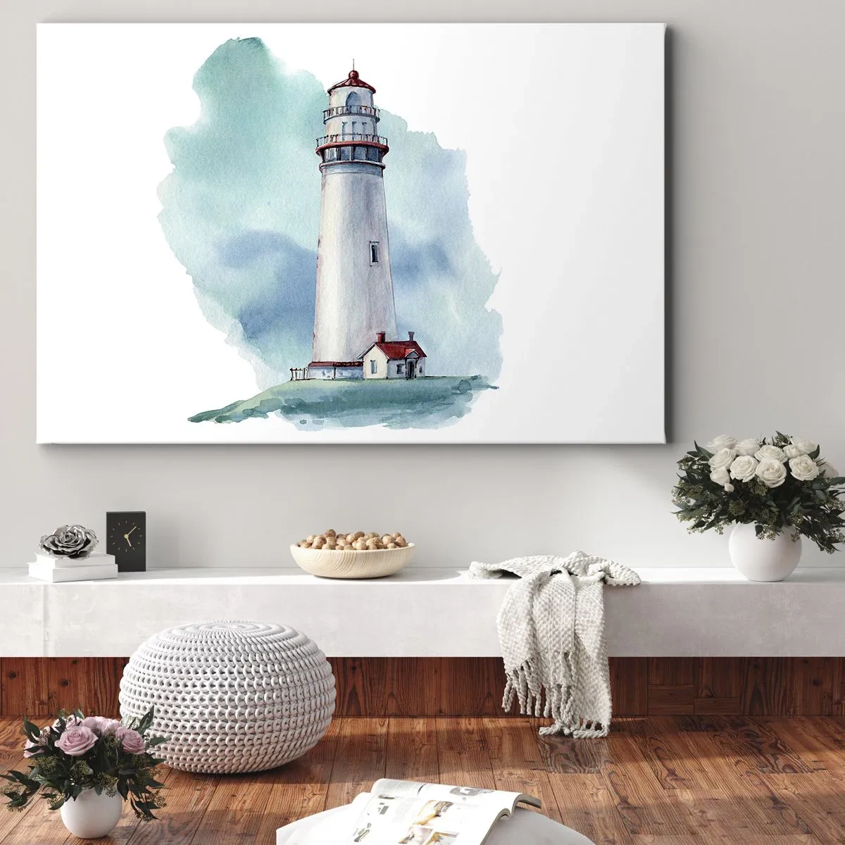 Lærredstryk - Billede på lærred - Et fyrtårn mod en akvarelblå baggrund - 70x50cm - Det blås blide søster - Moderne vægdekoration til stue og soveværelse ARTTOR