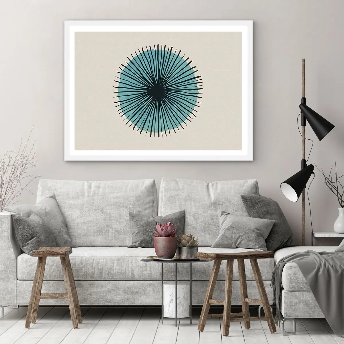 Plakat i hvid ramme - Strålende på blå - 100x70 cm