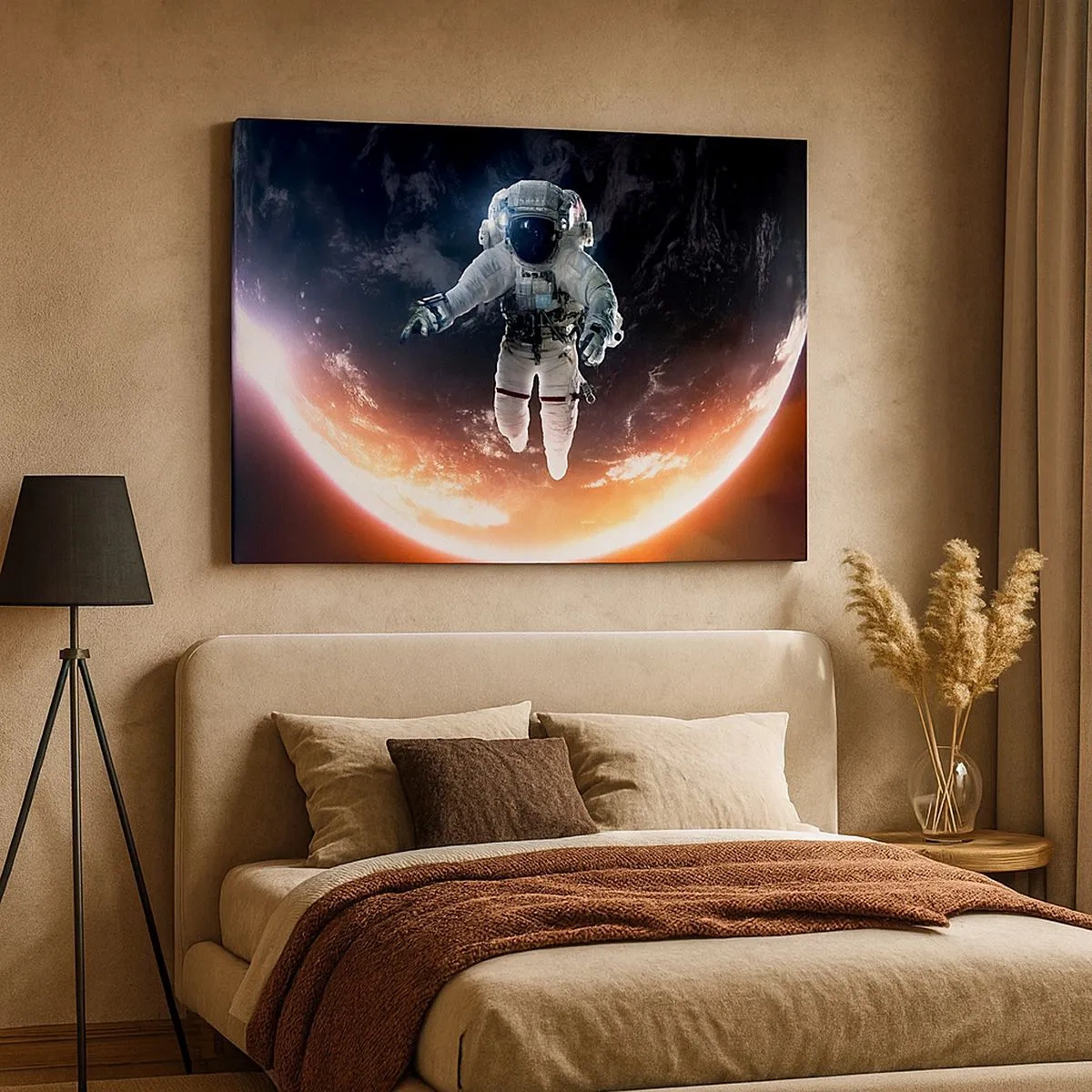 Lærredstryk - Billede på lærred - En astronaut, der svæver over en solbeskinnet jord - 70x50cm - Må jeg blive lidt længere? - Moderne vægdekoration til stue og soveværelse ARTTOR