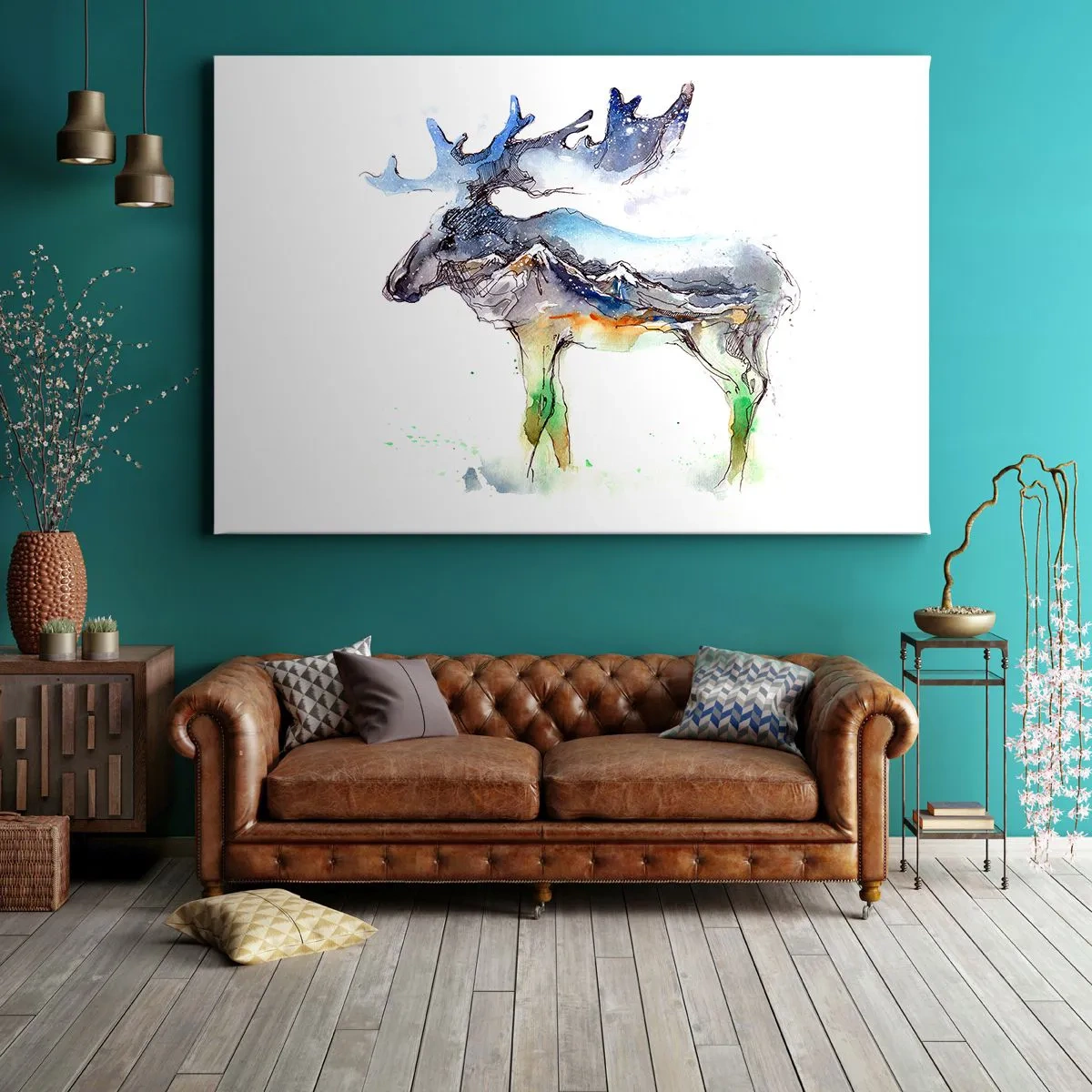 Lærredstryk - Billede på lærred - Akvarel silhuet af en elg med et bjerglandskab - 70x50cm - Helten i en vinterfortælling - Moderne vægdekoration til stue og soveværelse ARTTOR