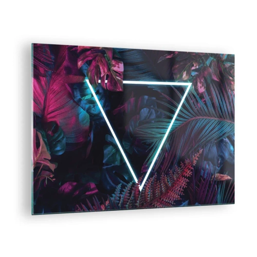 Billede på glas - En neontrekant omgivet af tropiske planter i lyserøde og blå nuancer. - 70x50cm - Have i disco-stil - Moderne vægdekoration til stue og soveværelse ARTTOR