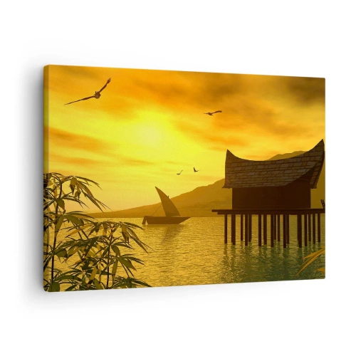 Lærredstryk - Billede på lærred - Tropisk solnedgang over vandet med træhus på pæle. - 70x50cm - Ønsket fred - Moderne vægdekoration til stue og soveværelse ARTTOR