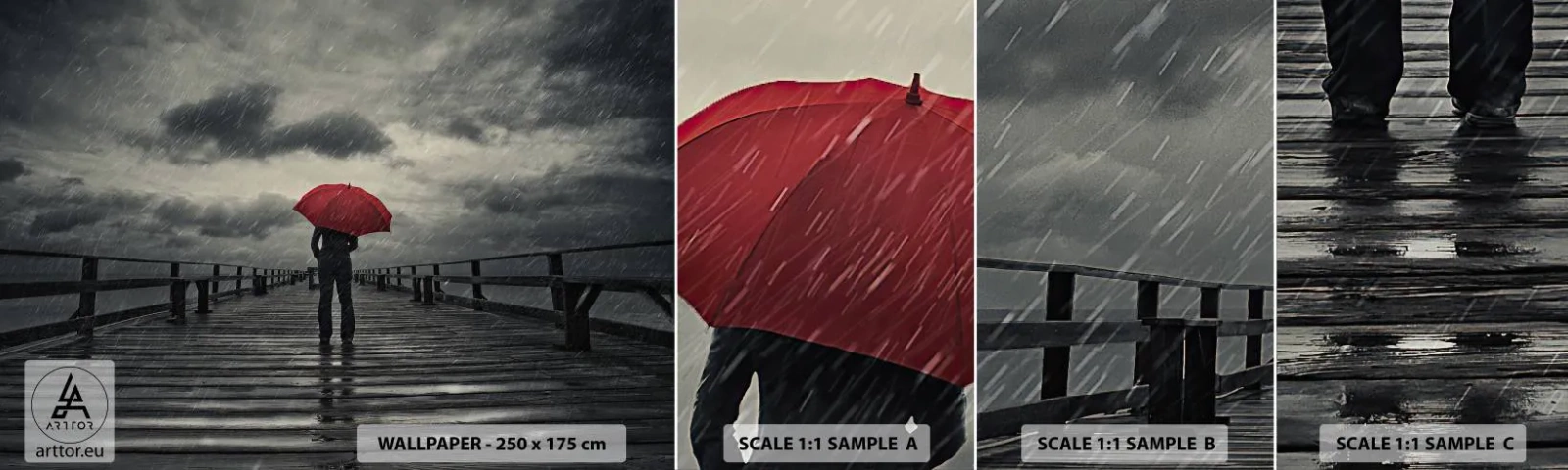 Fototapet Prøve Standard Eco - Det er ingenting, hvis det regner - Træmole, Hav, Gå i regnen - 100x30 cm