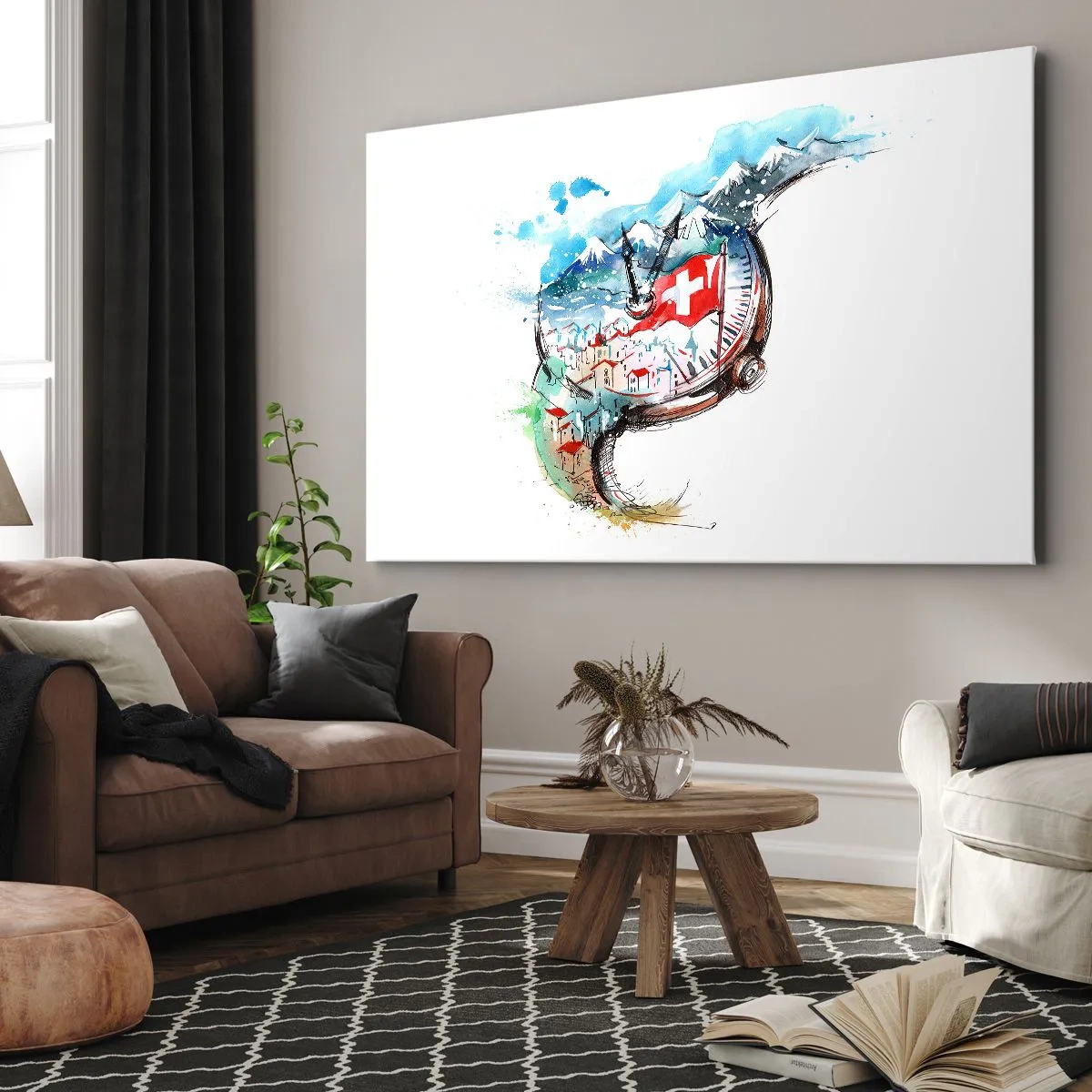 Lærredstryk - Billede på lærred - Et akvarellandskab af Schweiz i et urværksdesign - 70x50cm - Schweiz' ånd - Moderne vægdekoration til stue og soveværelse ARTTOR